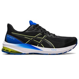 Black and blue Asics Gel-Kayano 29 running shoe with yellow accents.