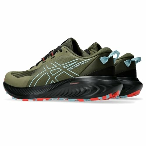 Pair of green ASICS Gel shoes with red and blue accents