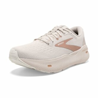 Beige running shoe with textured design.