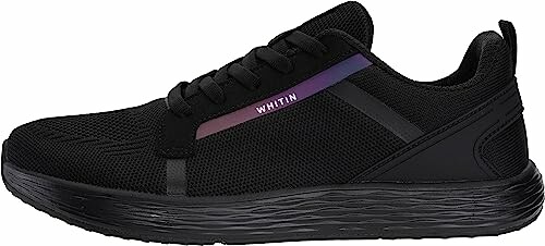 Black athletic shoe with mesh upper and cushioned sole