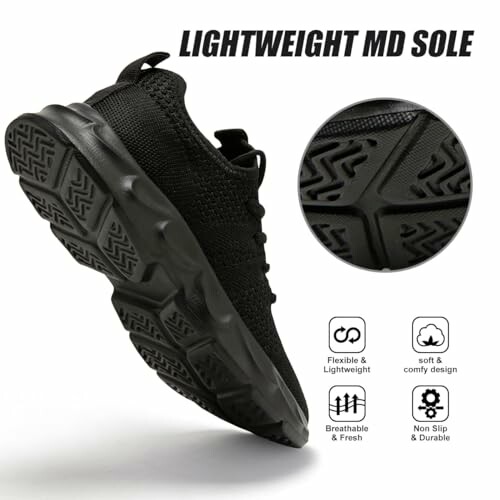 Black sneaker with lightweight MD sole and features icons.