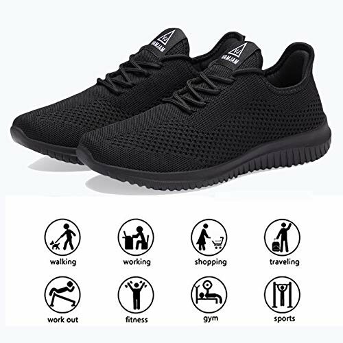 Black mesh running shoes with icons for walking, working, shopping, traveling, workout, fitness, gym, sports.