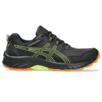 Black and orange running shoe with green accents