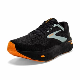 Black and orange running shoe with cushioned sole.