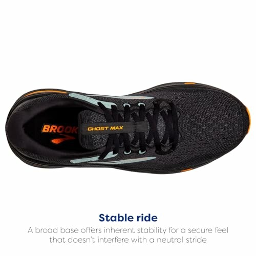 Top view of a black running shoe with stable ride feature.