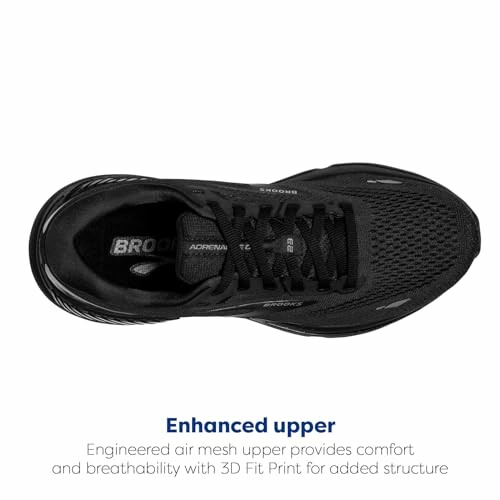 Top view of a black running shoe with enhanced mesh upper