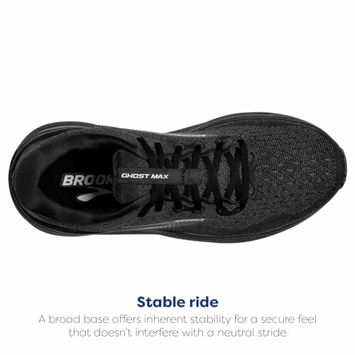 Top view of black running shoe with stable ride feature.