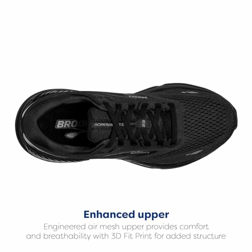 Top view of a black running shoe with engineered air mesh upper.