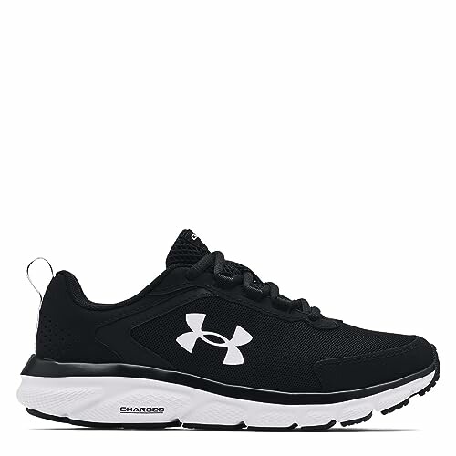 Black running shoe with white sole and logo