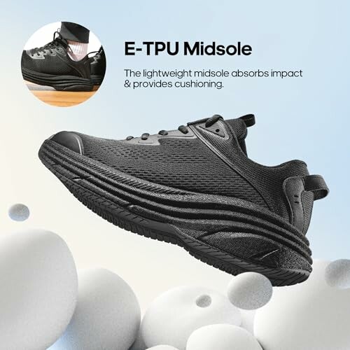 Black sneaker with E-TPU midsole for cushioning.