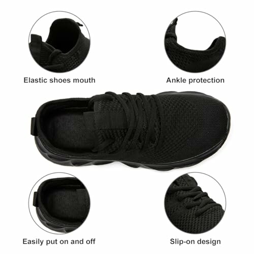 Black sneakers with elastic mouth, ankle protection, easy slip-on design.