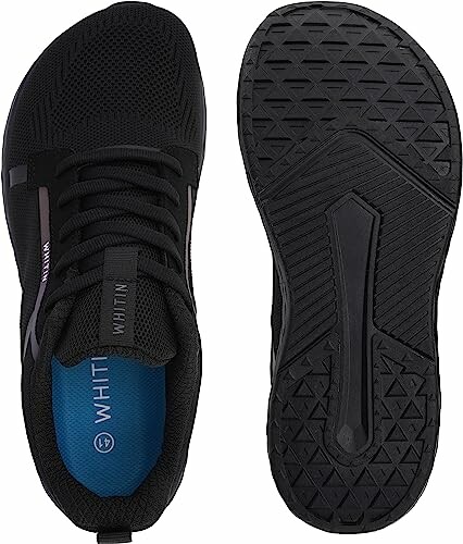 Black sneakers showing top and bottom view with textured sole.