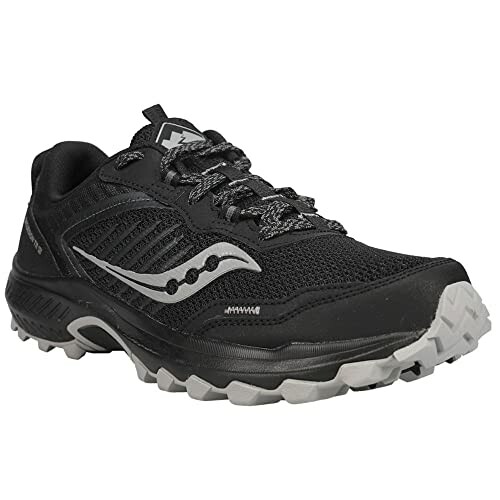 Black trail running shoe with rugged sole