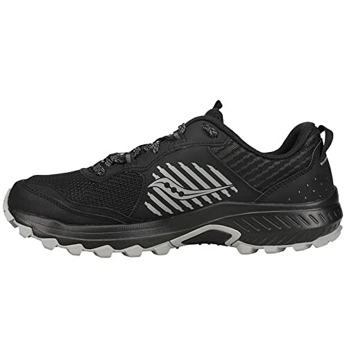 Black trail running shoe with gray accents