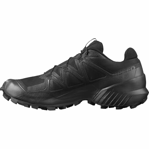 Black trail running shoe with rugged sole