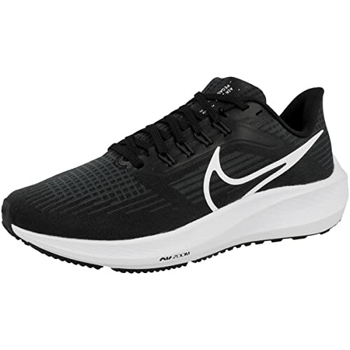 Black and white running shoe with a swoosh design.