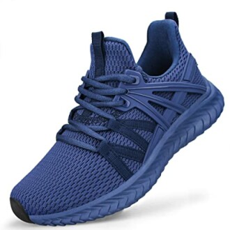 Blue athletic sneaker with textured sole and laces.