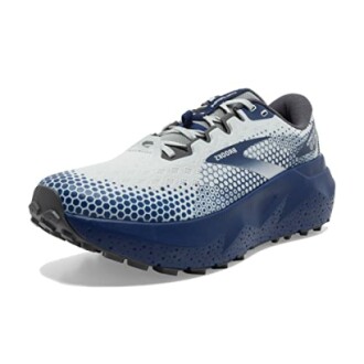 Blue and grey running shoe with hexagonal pattern.