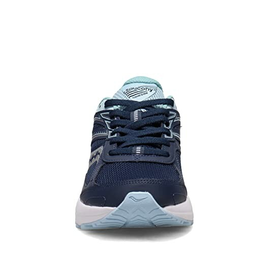 Front view of a blue running shoe with white sole.