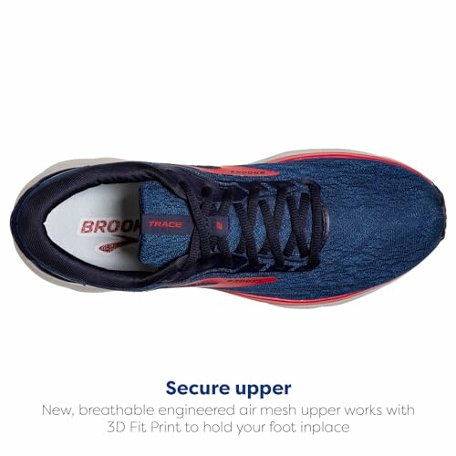 Top view of a blue running shoe with secure upper feature.