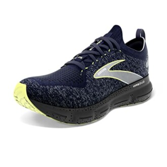 Blue and yellow running shoe with a knit design.