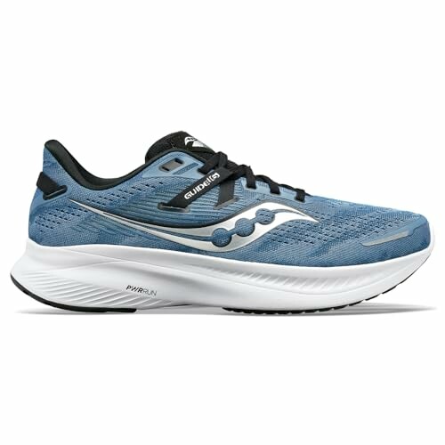 Blue running shoe with white sole and black laces