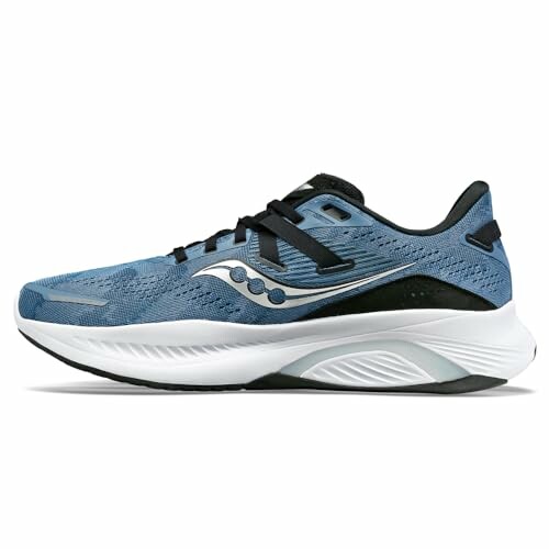 Blue running shoe with white sole and black laces