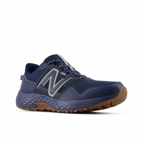 Blue running shoe with brown sole