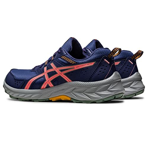 Blue trail running shoes with orange and gray accents