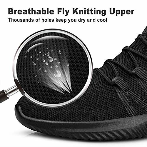 Close-up of a black shoe with breathable fly knitting upper material.