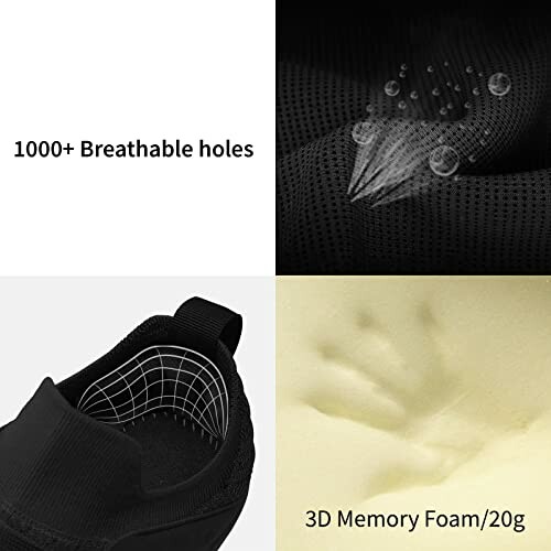 Black breathable shoes with memory foam and water resistance.