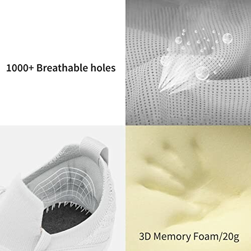 Collage of breathable shoe features, including holes and 3D memory foam.