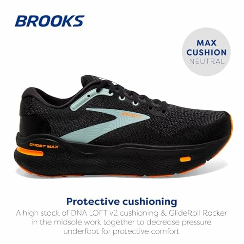 Brooks Ghost Max running shoe with black mesh and orange accents.