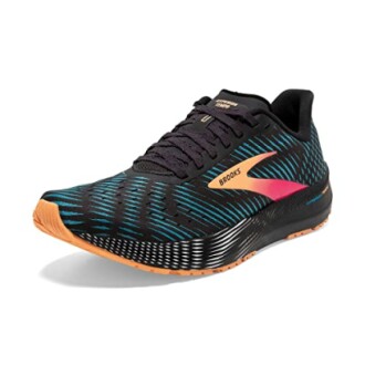 Black and multicolor Brooks running shoe.