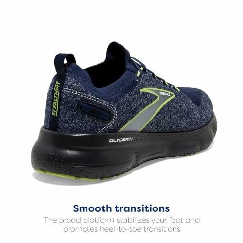 Brooks running shoe with smooth transitions and broad platform.