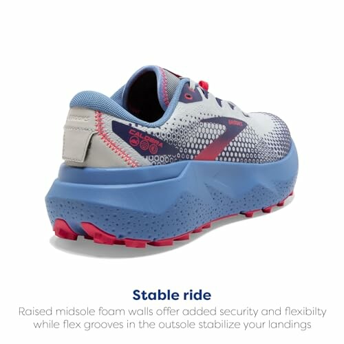 Brooks running shoe with raised midsole and flex grooves.