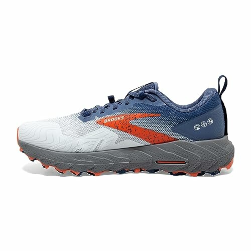 Brooks trail running shoe with blue, orange, and gray design