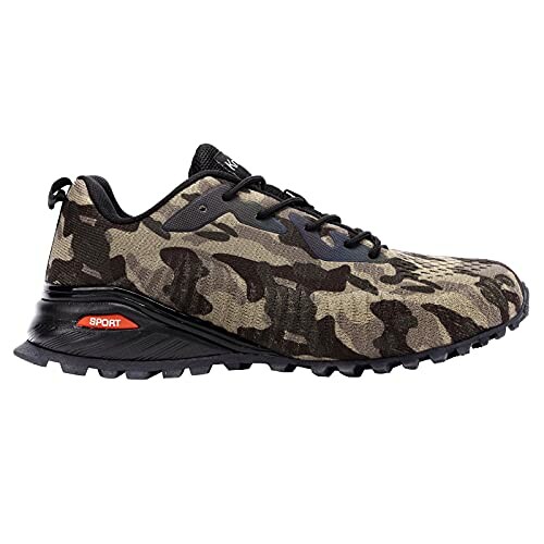 Camouflage patterned sport shoe with black sole