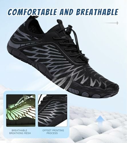 Black athletic shoe with breathable mesh and offset printing.