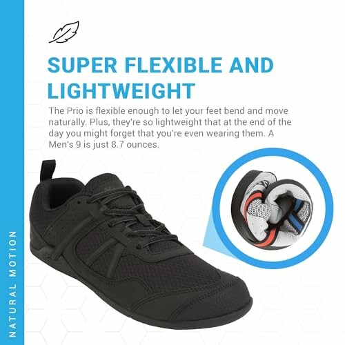 Black flexible and lightweight shoe with a focus on natural motion.