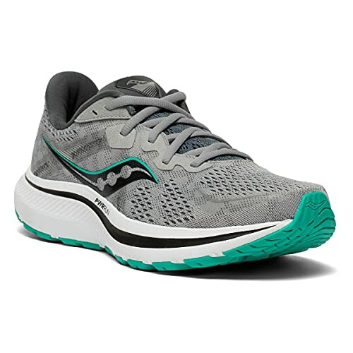 Gray and green running shoe with mesh design