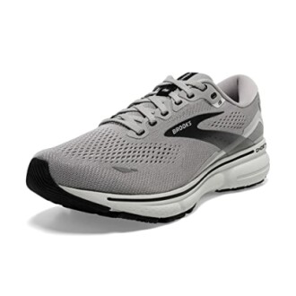 Gray running shoe with white sole