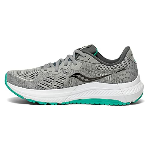 Gray running shoe with teal accents and mesh design