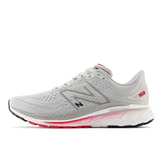 Gray running shoe with pink accents