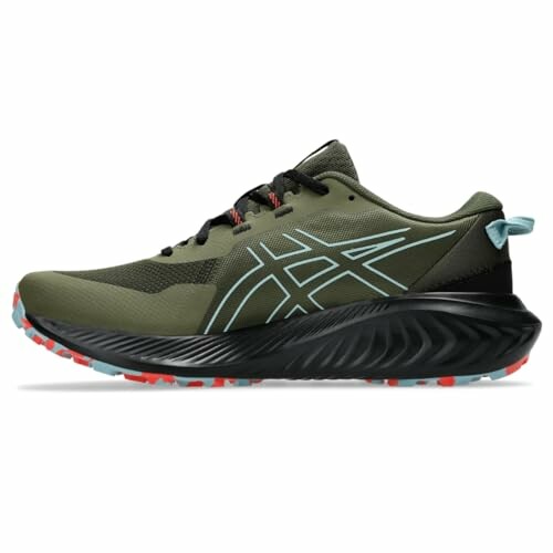 Green and black trail running shoe with blue accents.