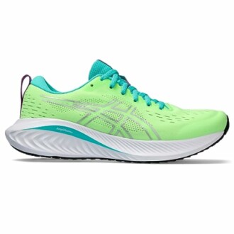 Green running shoe with white sole and blue accents.