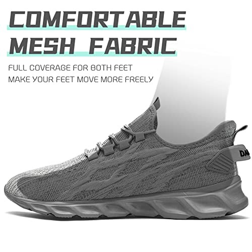 Grey mesh sneakers with text about comfort and flexibility.