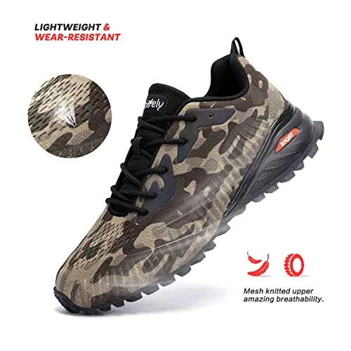 Camouflage sneaker with mesh knit upper and wear-resistant features.