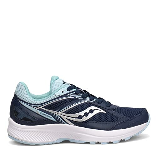 Navy blue running shoe with light blue accents and white sole.