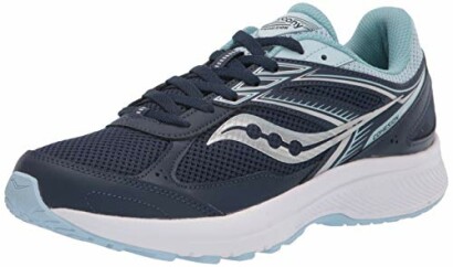 Navy blue running shoe with light blue accents